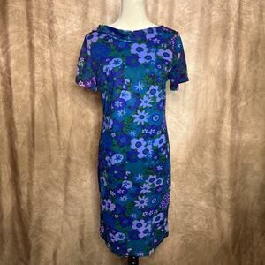 Vintage 60s Handmade Floral Print Cowl Neck Felt Shift Dress Multicolor Mod GoGo